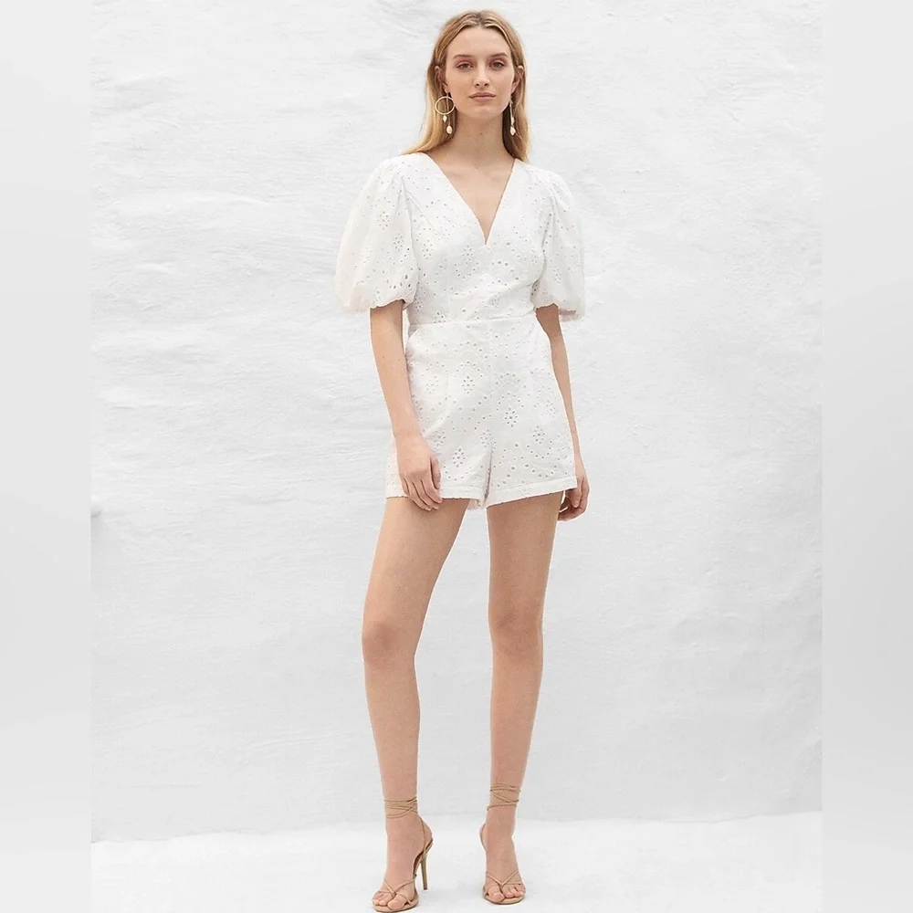 Express Eyelet Lace Puff Sleeve Romper White Size Large - Picture 1 of 14